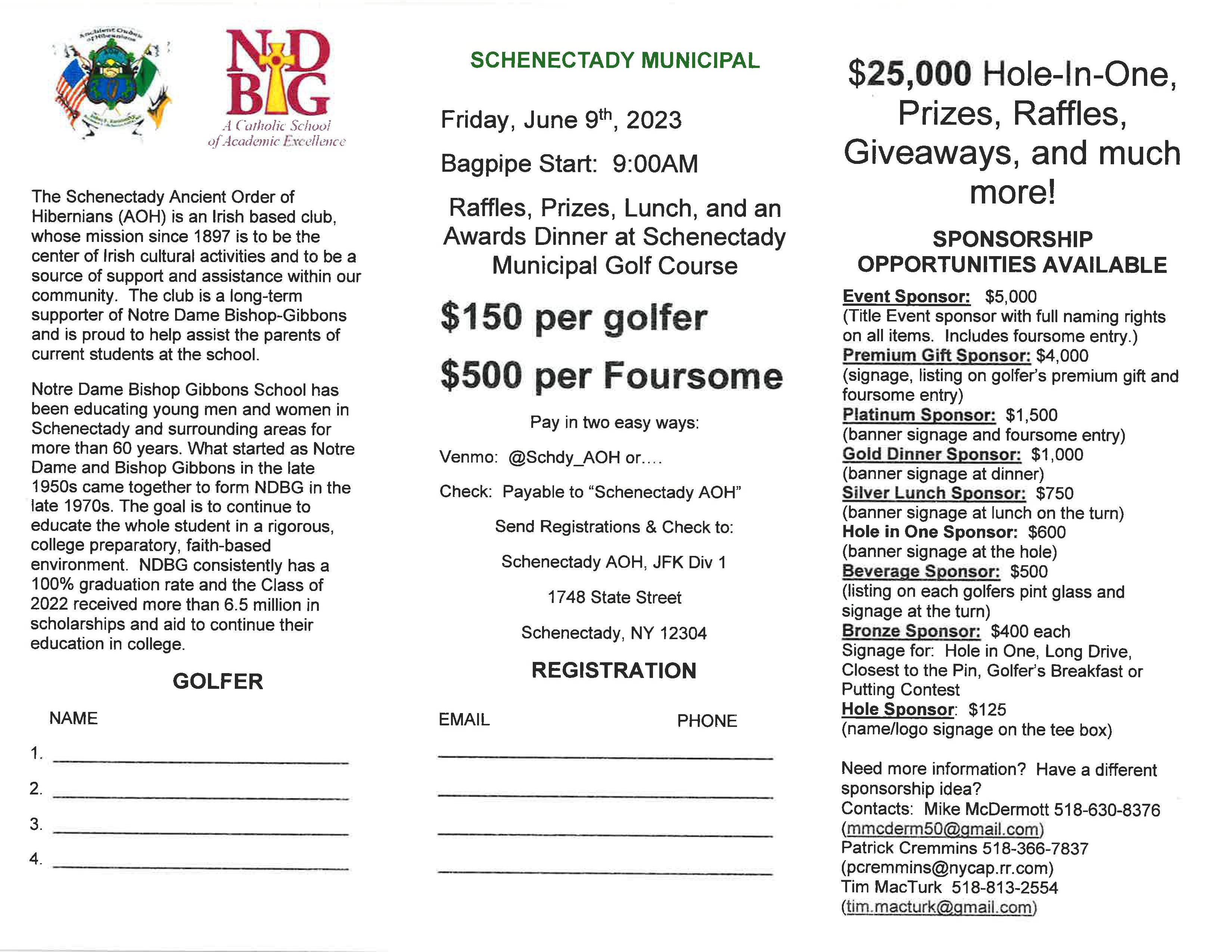 Schenectady Hibernians Golf Tournament to Benefit NDBG