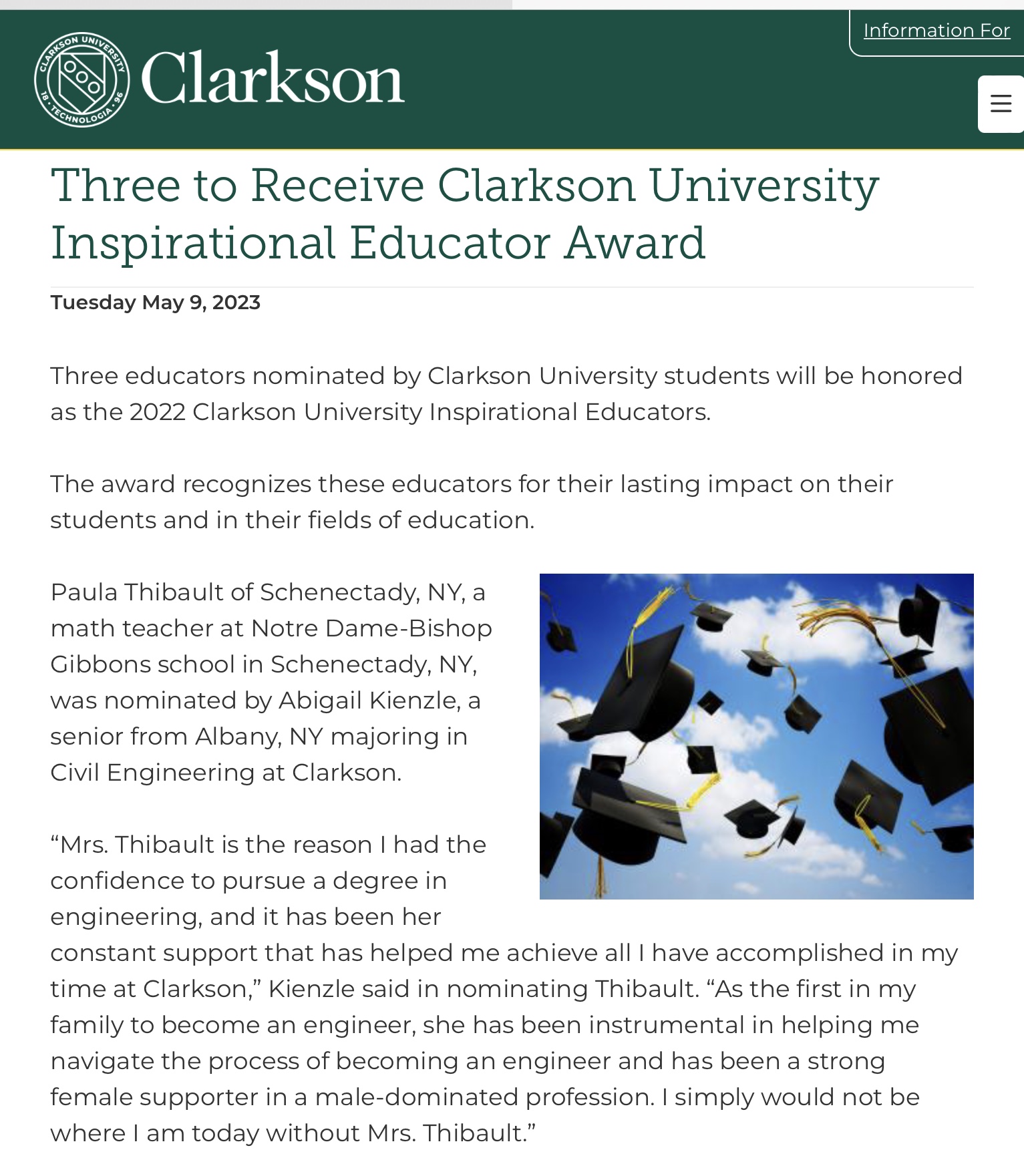 Mrs. Thibault Honored by Clarkson University