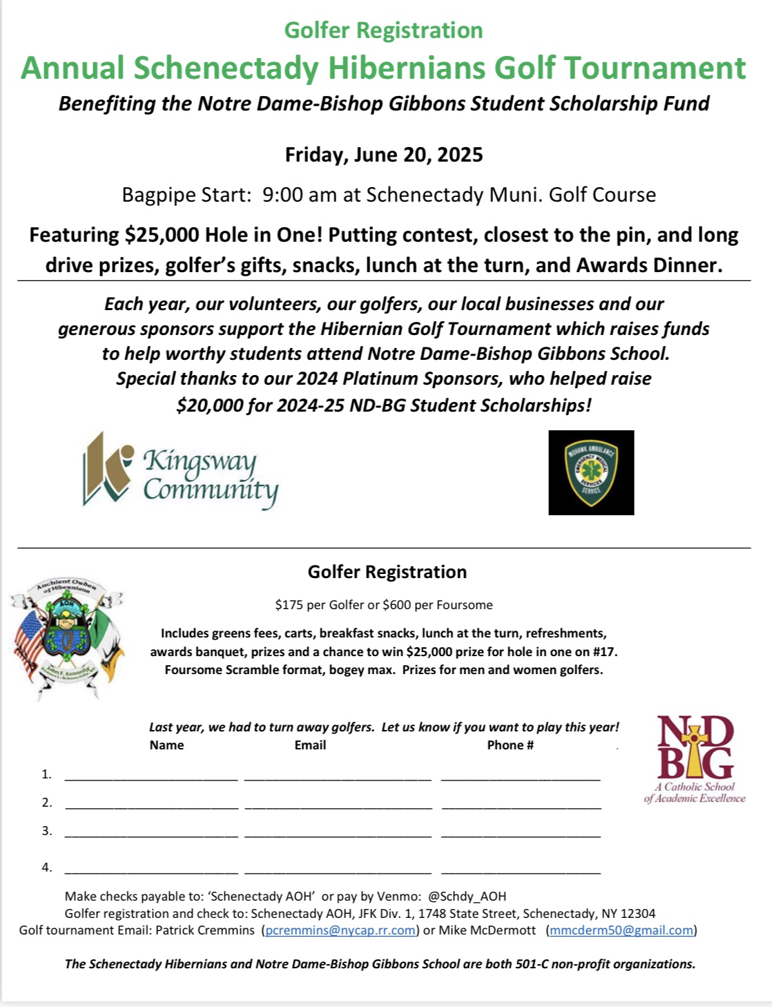 AOH Golf Tournament June 20 ro Benefit NDBG Scholarships