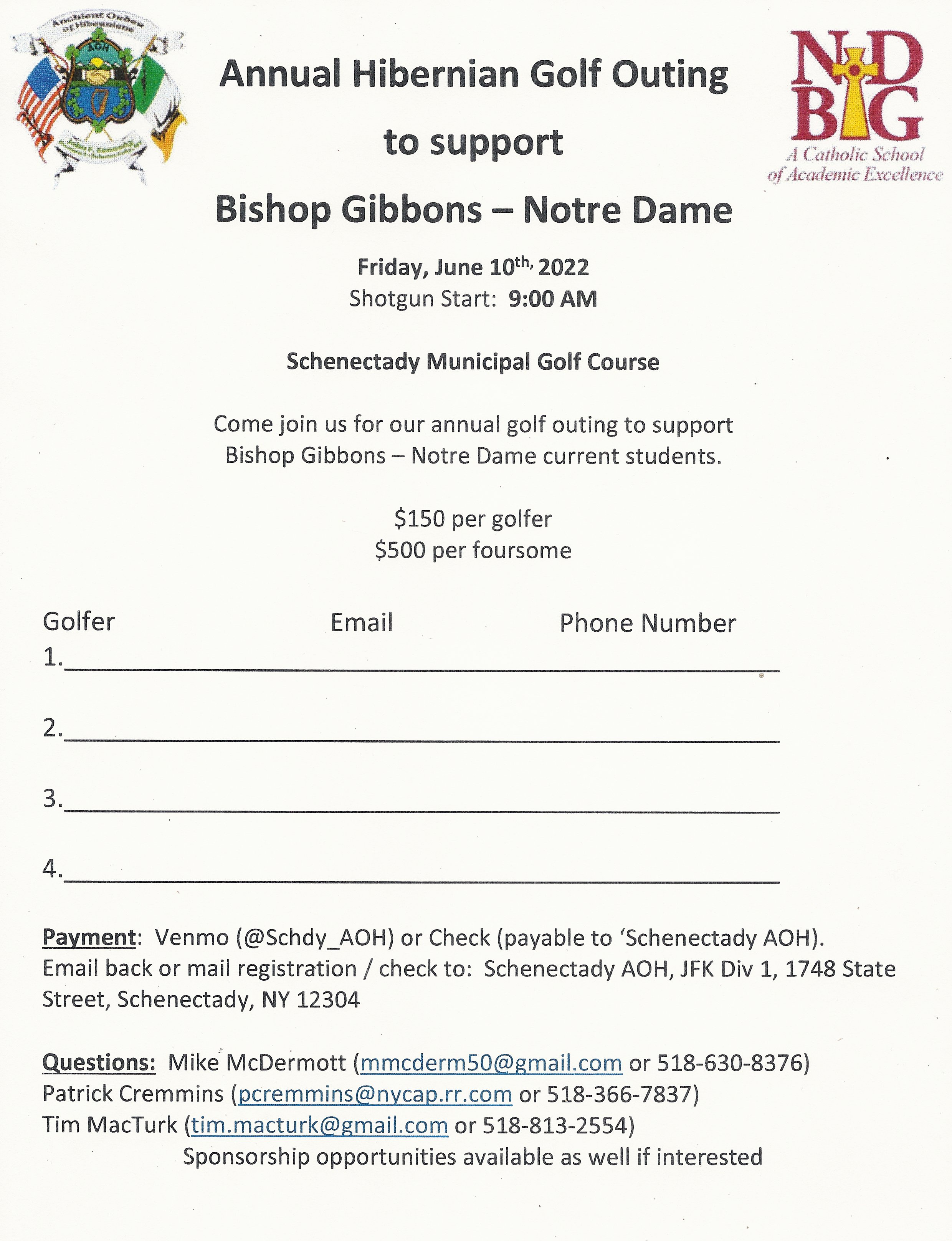 Schenectady Hibernians Golf Tournament to benefit NDBG Scholarship Funds